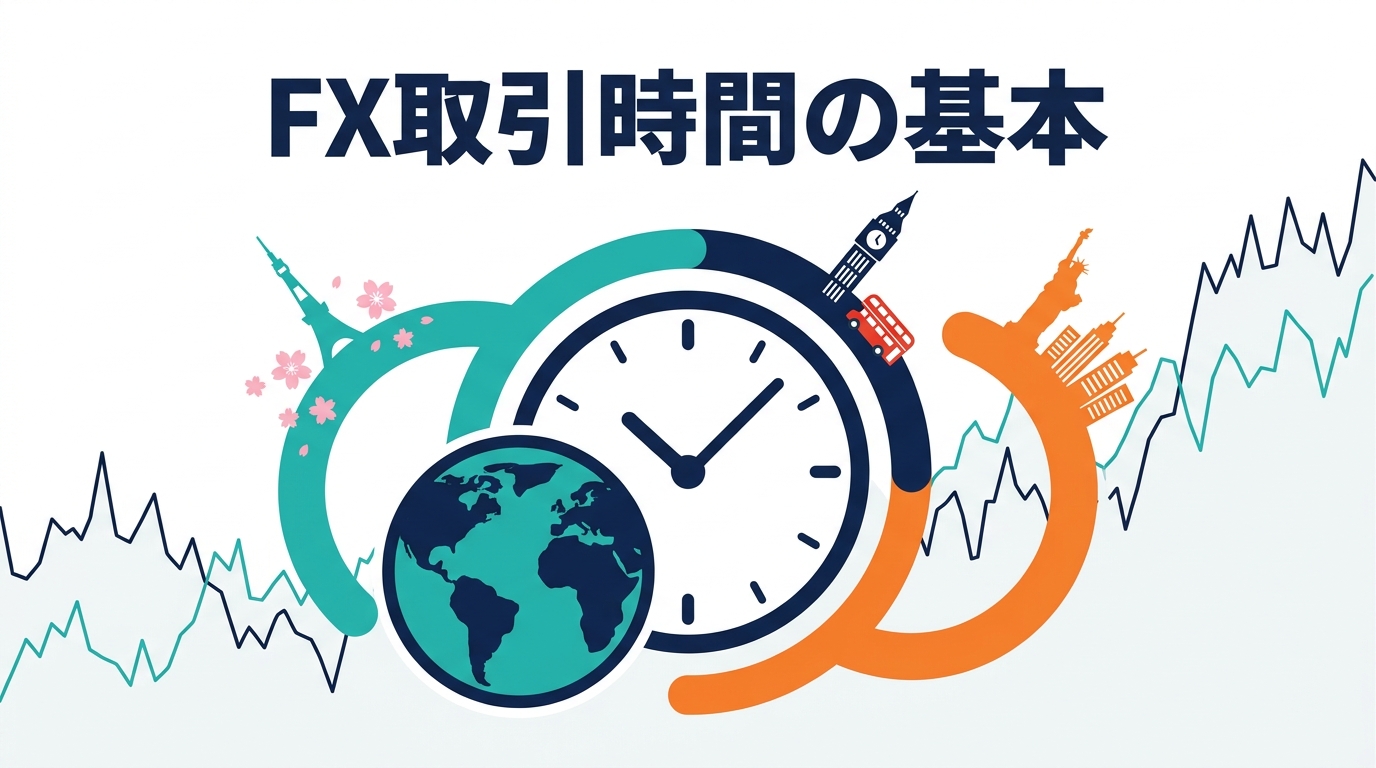 地球儀と時計のまわりを東京・ロンドン・ニューヨークの3市場を表す帯が囲む、FX取引時間の基本のイラスト