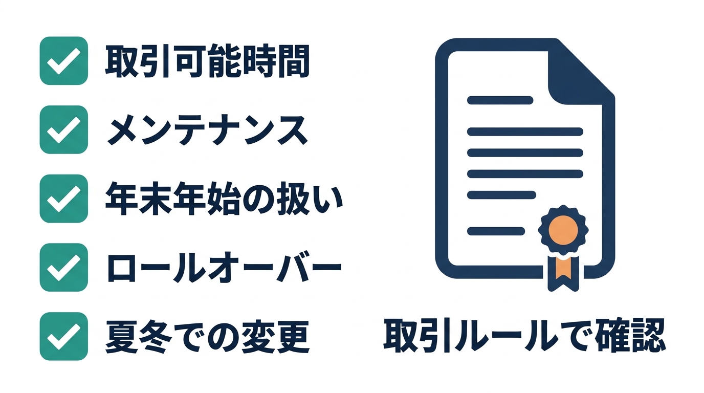 FXの取引ルールで確認する取引可能時間、メンテナンス、年末年始の扱い、ロールオーバー、夏冬での変更のチェックリスト