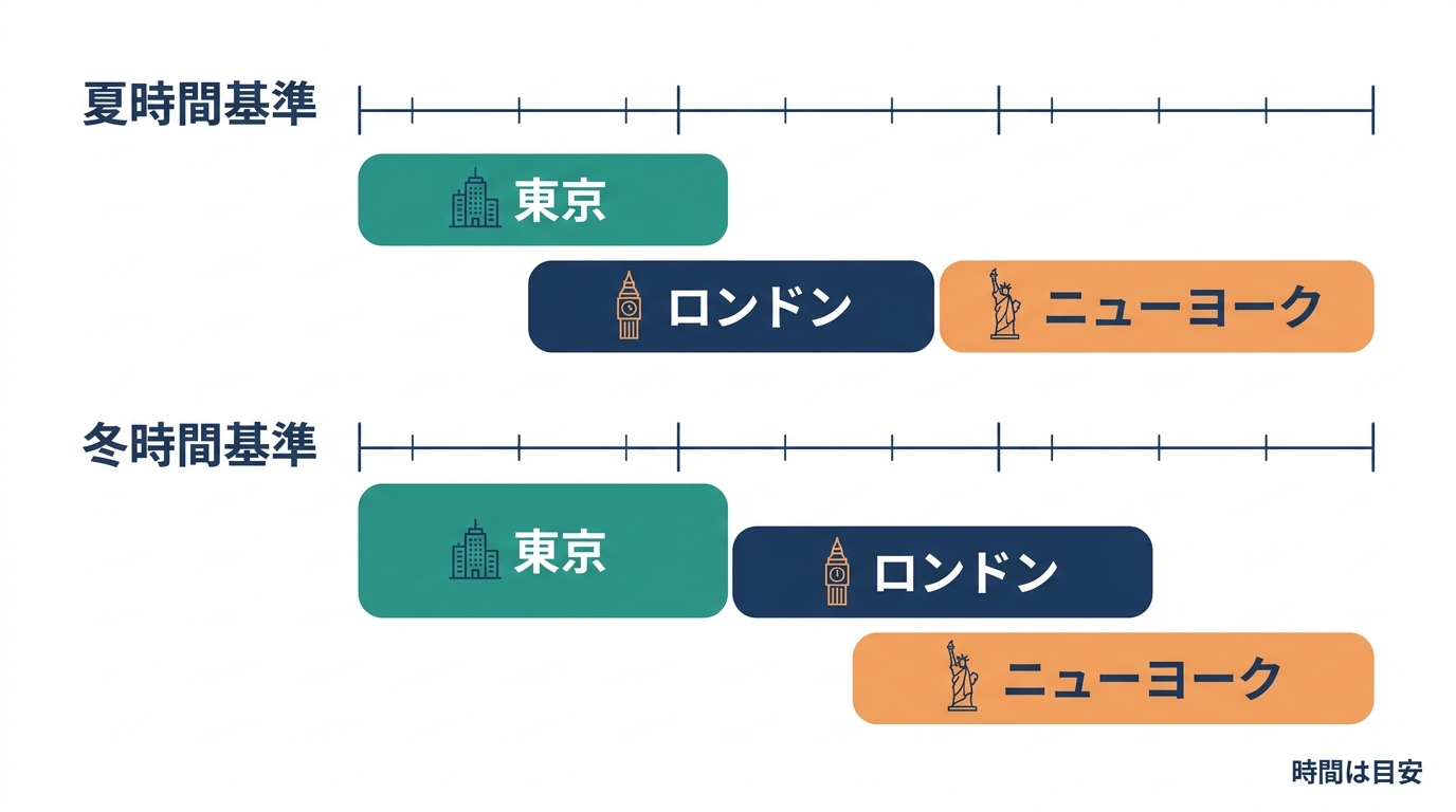 夏時間基準と冬時間基準で、東京・ロンドン・ニューヨーク市場の時間帯の目安がどうずれるかを比べた図