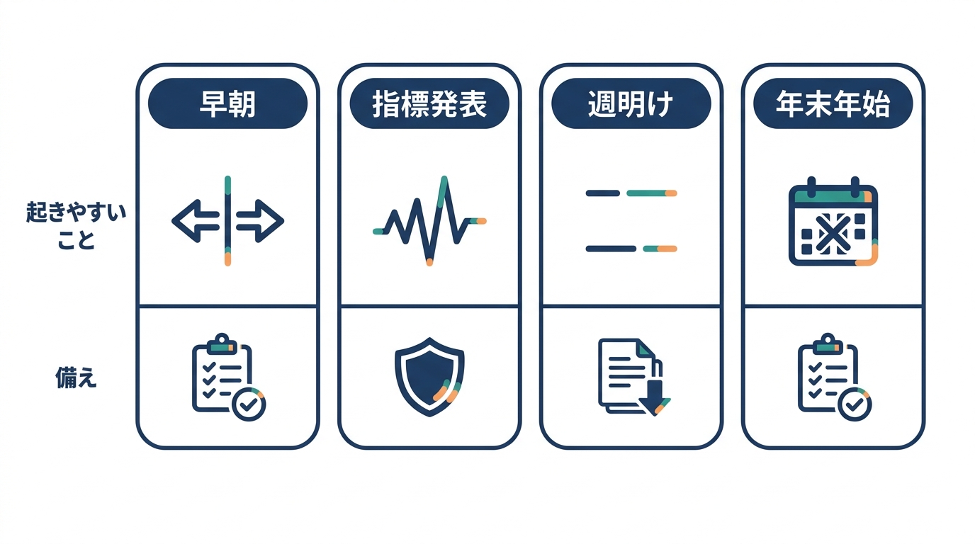 FXで注意したい早朝、指標発表、週明け、年末年始の4場面で起きやすいことと備えを並べた図