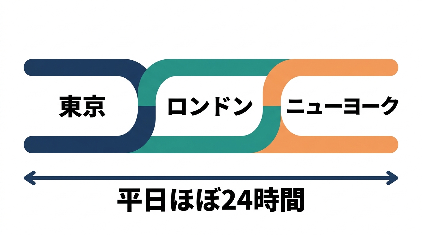 東京・ロンドン・ニューヨークの3つの市場がつながり、FX取引時間が平日ほぼ24時間になるイメージの図