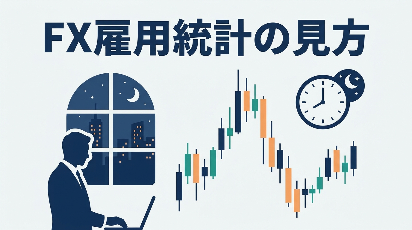 夜に雇用統計を待つ会社員と、大きく動くローソク足チャートのイラスト