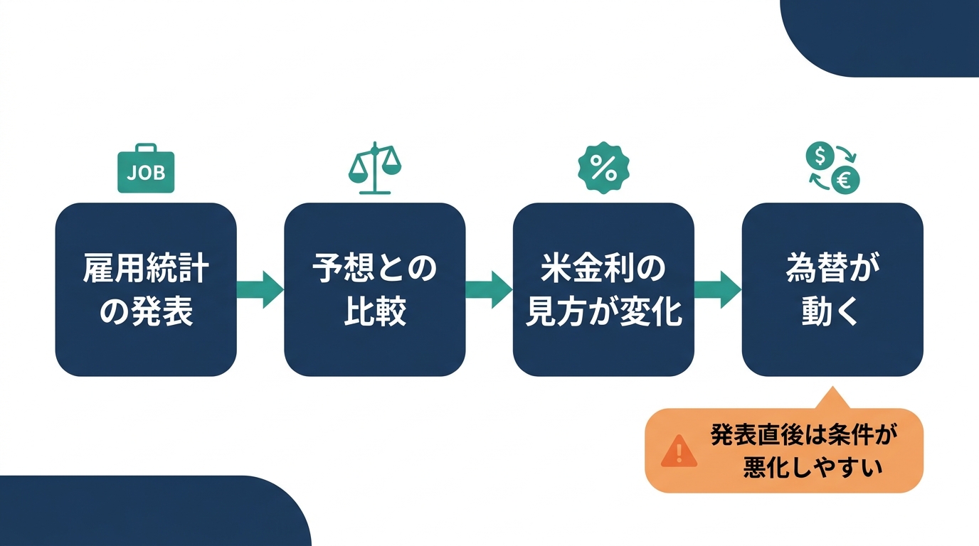 雇用統計の発表から為替が動くまで、予想との比較と米金利の見方を経由する4段階の流れ図
