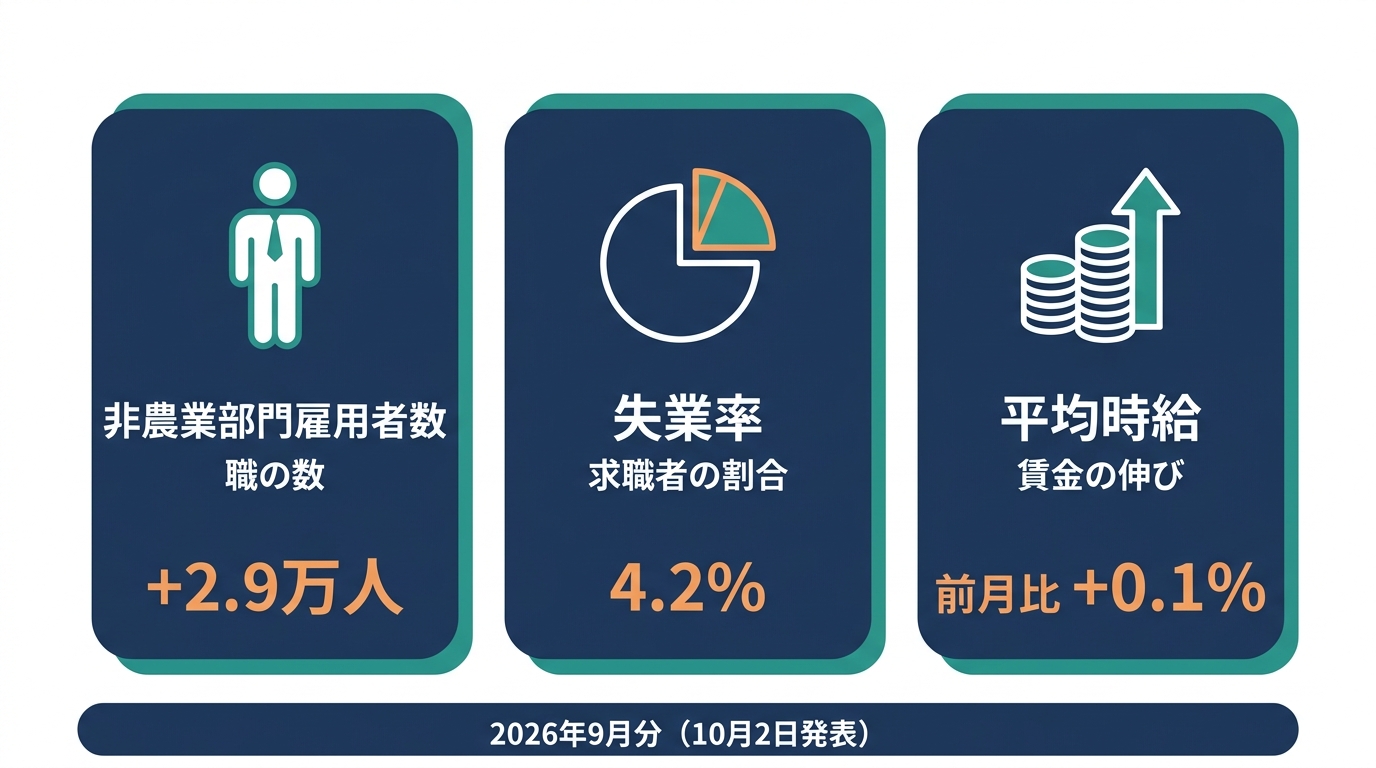 非農業部門雇用者数・失業率・平均時給の3項目と、2026年9月分の数値を示す図
