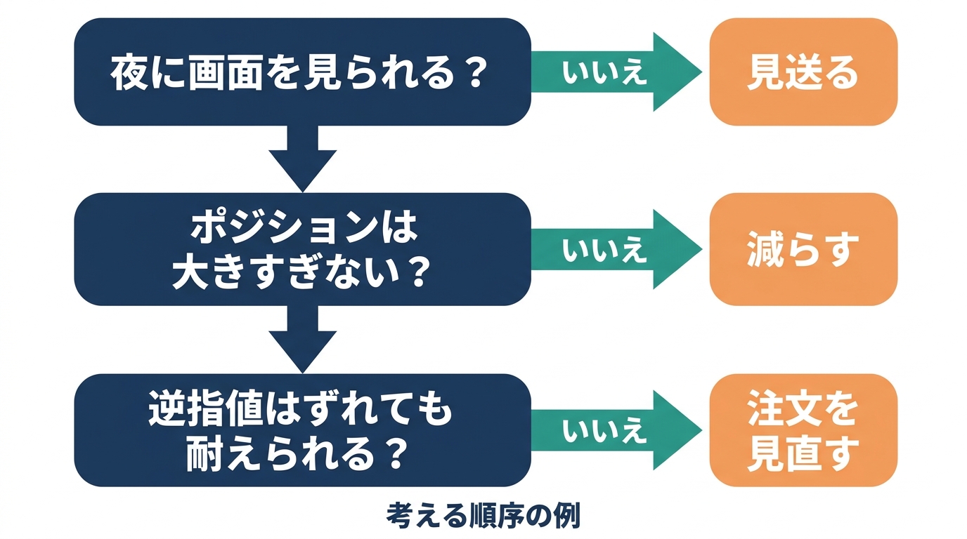 夜に画面を見られるか、ポジションの大きさ、逆指値のずれへの耐性を順に考える判断フローの例