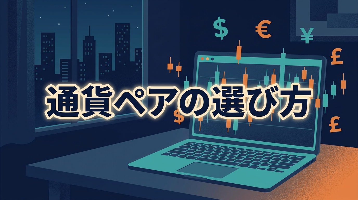 夜のデスクでノートパソコンに複数の通貨ペアのチャートが並ぶ、FXの通貨ペアの選び方のアイキャッチ。