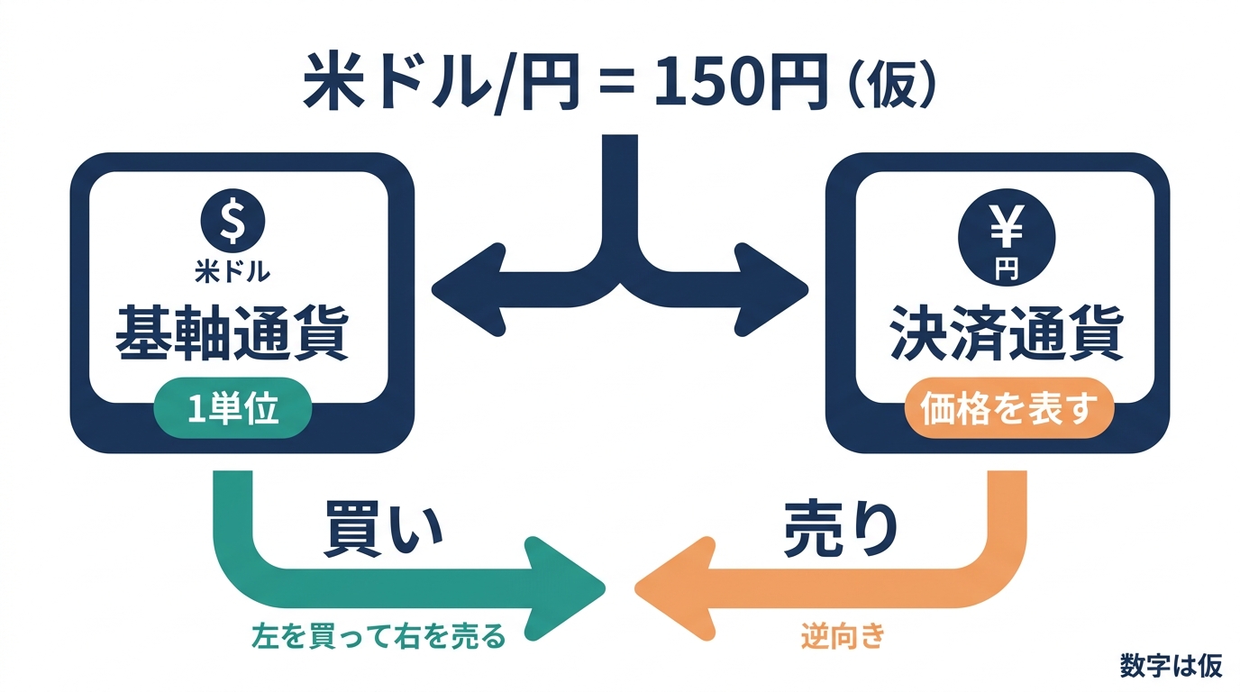 米ドル/円の表記を左の基軸通貨と右の決済通貨に分け、買いと売りの向きを示した通貨ペアの読み方の図。