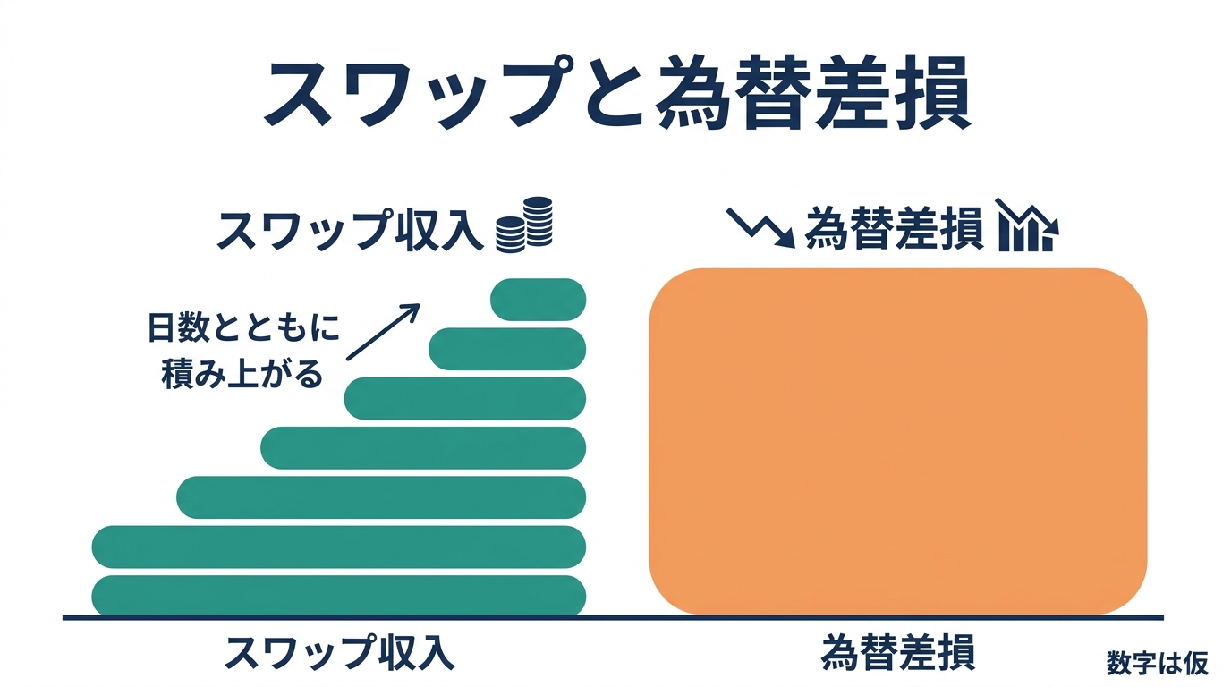 日々少しずつ積み上がるスワップ収入と、一度にまとめて出る為替差損の大きさを対比した、高スワップ通貨のリスクの図。
