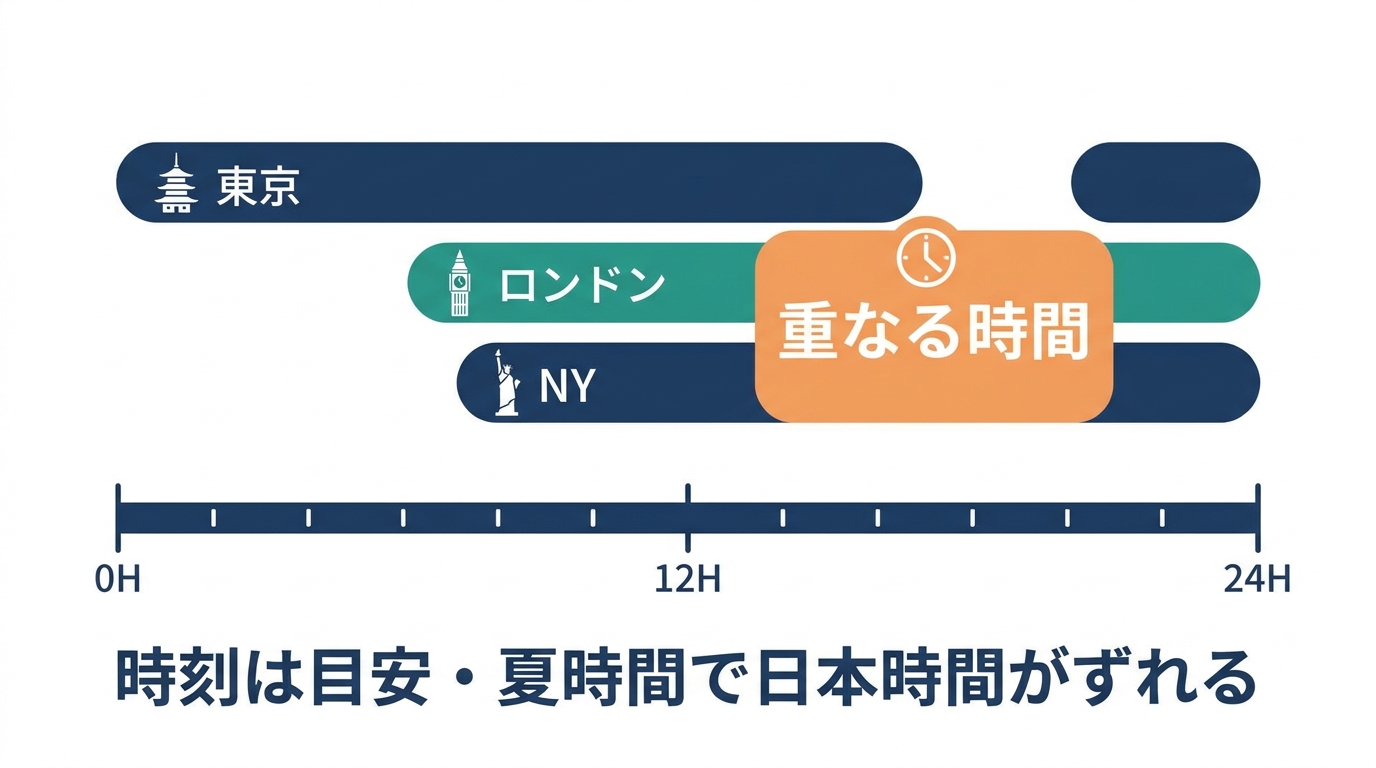 東京・ロンドン・ニューヨークの取引時間帯を並べ、ロンドンとNYが重なる時間を強調した取引時間帯のタイムライン。
