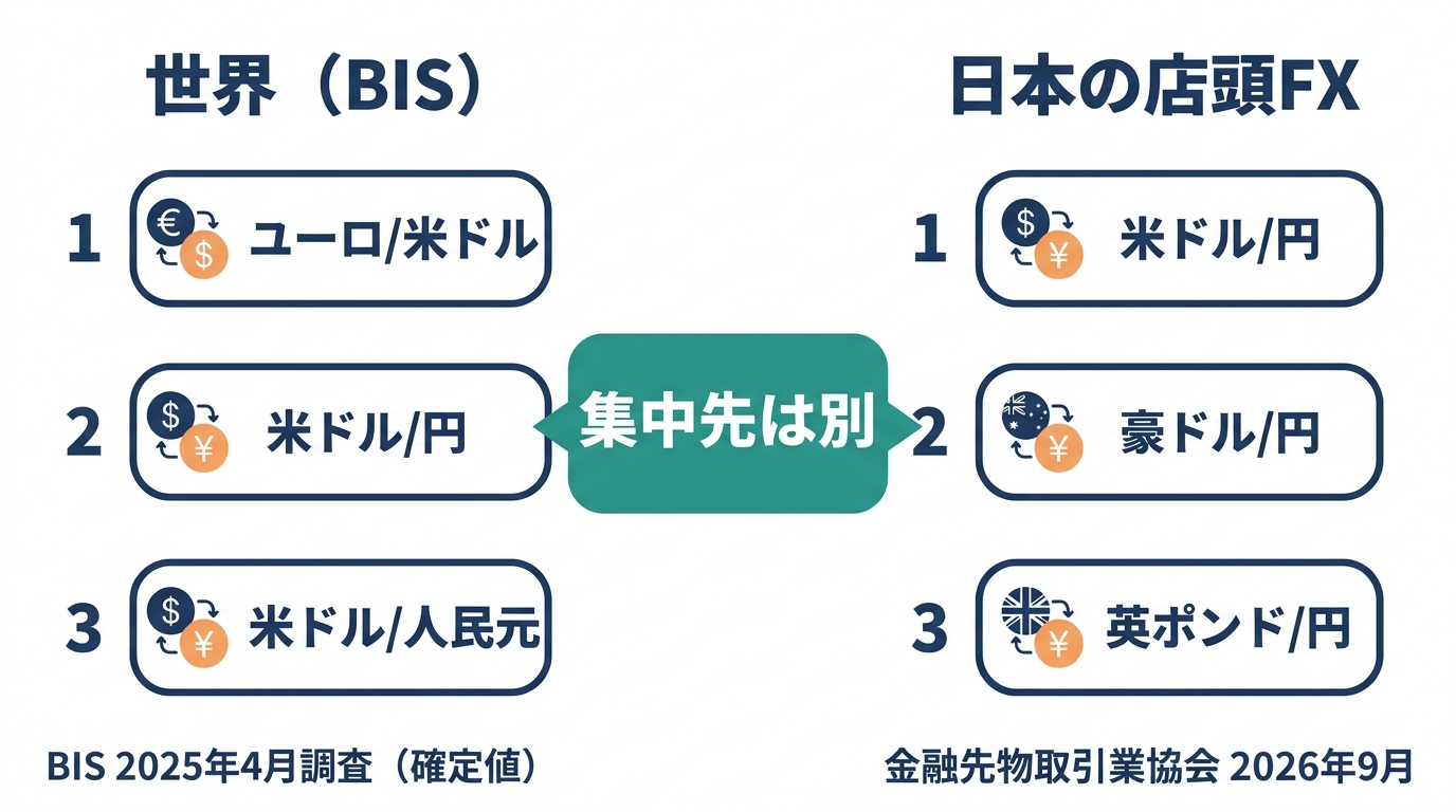世界（BIS）と日本の店頭FXで、取引の多い通貨ペアの上位3つが異なることを比べた2列の図。