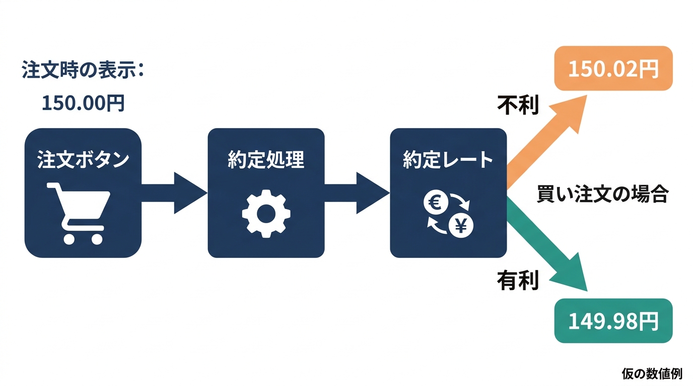 FXのスリッページは、注文ボタンを押してから約定するまでにレートがずれ、買い注文では高くなれば不利、安くなれば有利になることを示す仮の数値例の図