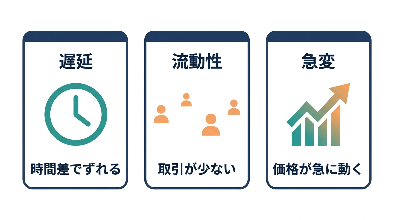 スリッページが起きる3つの原因である遅延、流動性の低下、相場の急変を並べた図