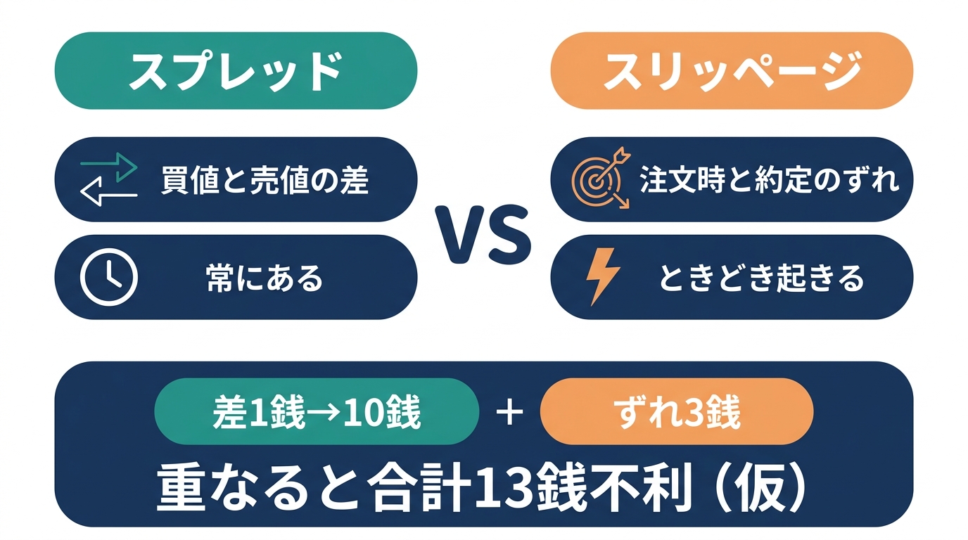 常にある買値と売値の差であるスプレッドと、ときどき起きるスリッページの違いを比べ、重なると不利が増える仮の例を示した図