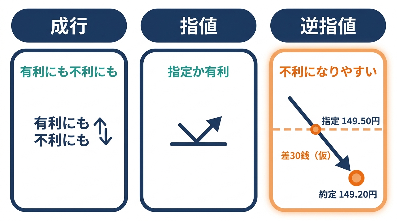 成行・指値・逆指値の注文方法ごとのずれ方を比べ、逆指値では指定レートより不利に約定する仮の例を示した図