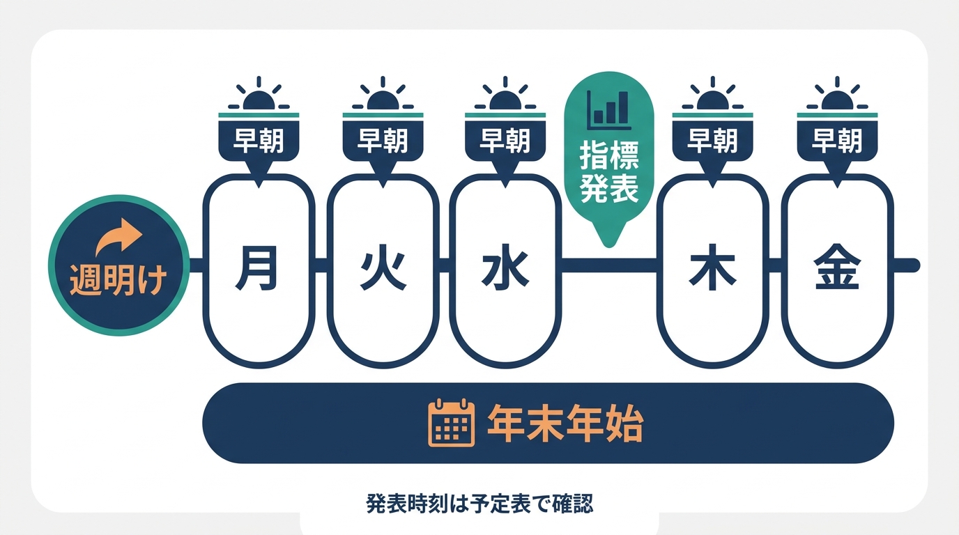 週明け、指標発表、早朝、年末年始など、スリッページが起きやすい場面を1週間の流れで示した図
