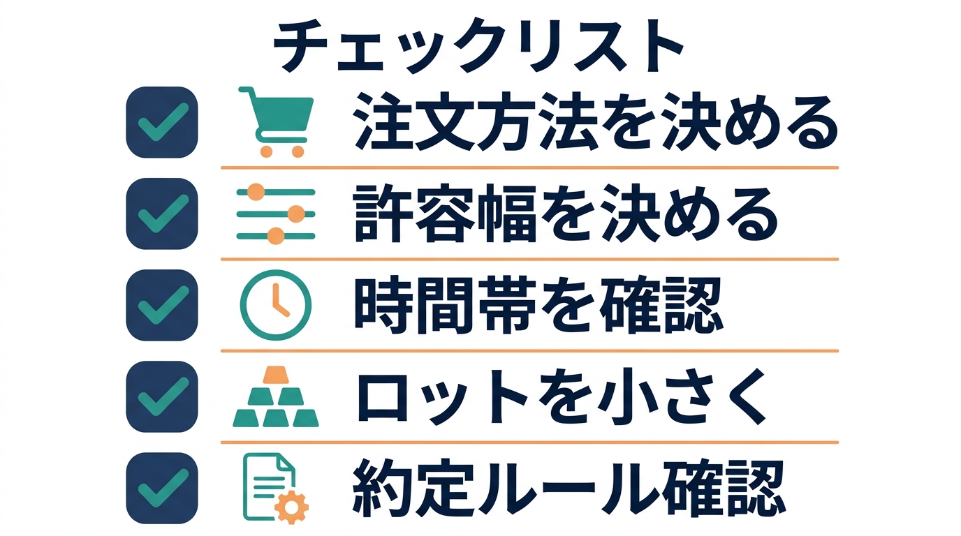 注文方法、許容幅、時間帯、ロット、約定ルールの5項目を確認する注文前のチェックリスト