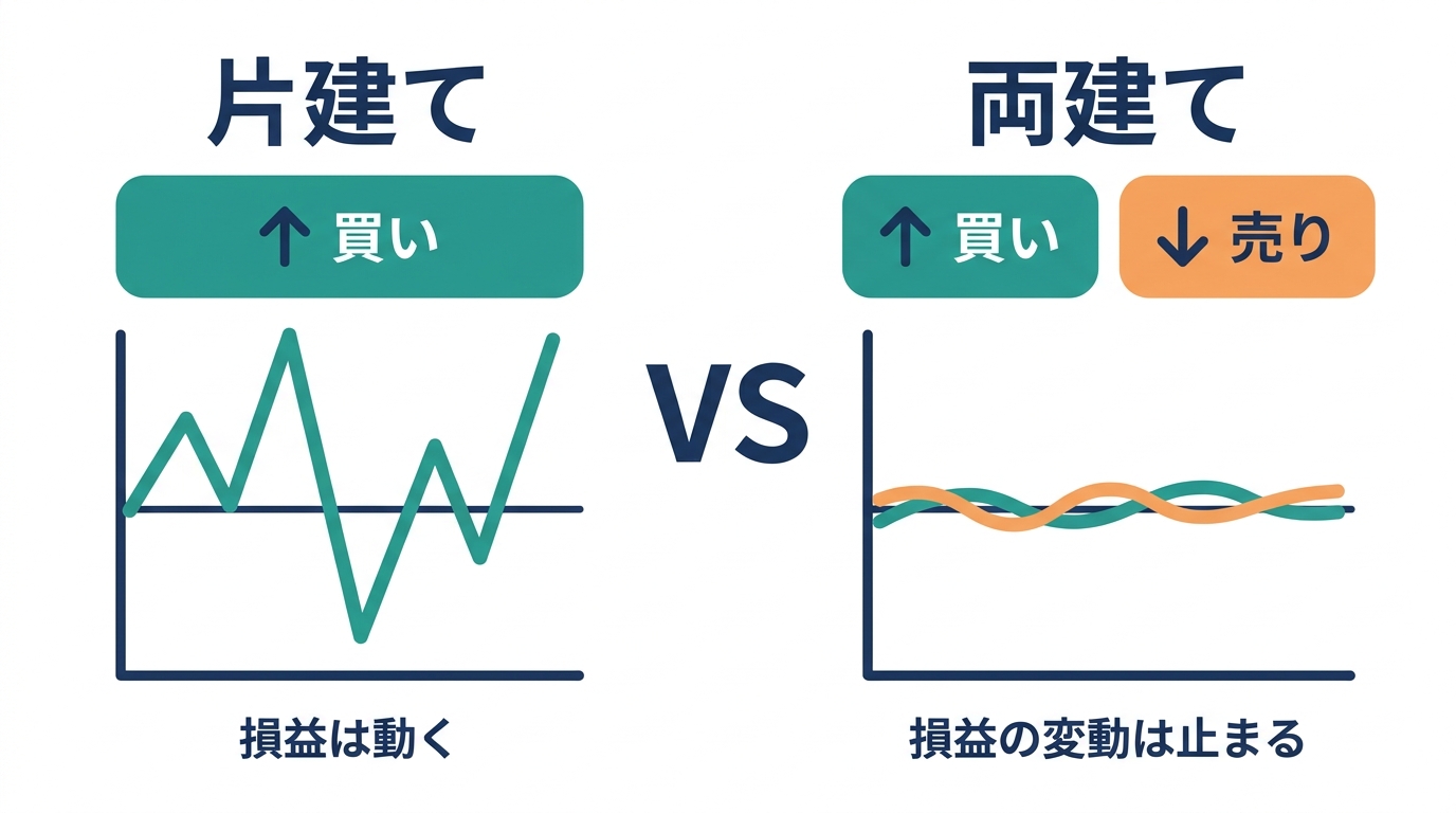 FXの片建てと両建てを比べ、両建てでは損益の変動が止まることを示す図