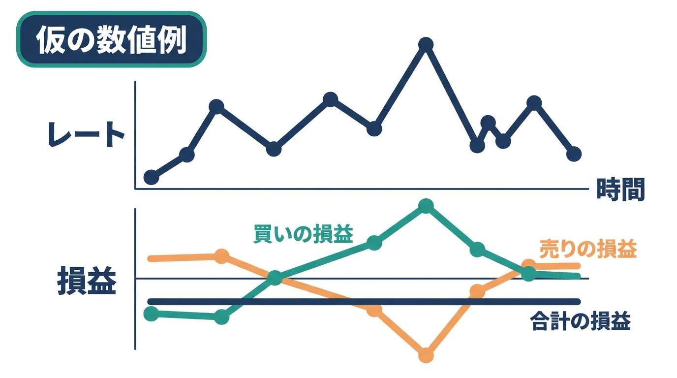 仮の数値例で、レートが動いても買いと売りの損益が打ち消し合い、合計の損益が横ばいになる両建ての様子を示す図
