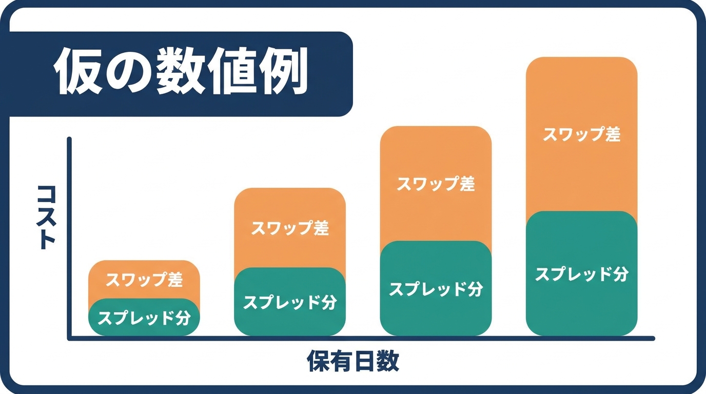 仮の数値例で、両建ての保有日数が増えるほどスプレッド分とスワップ差のコストが積み上がることを示す棒グラフ