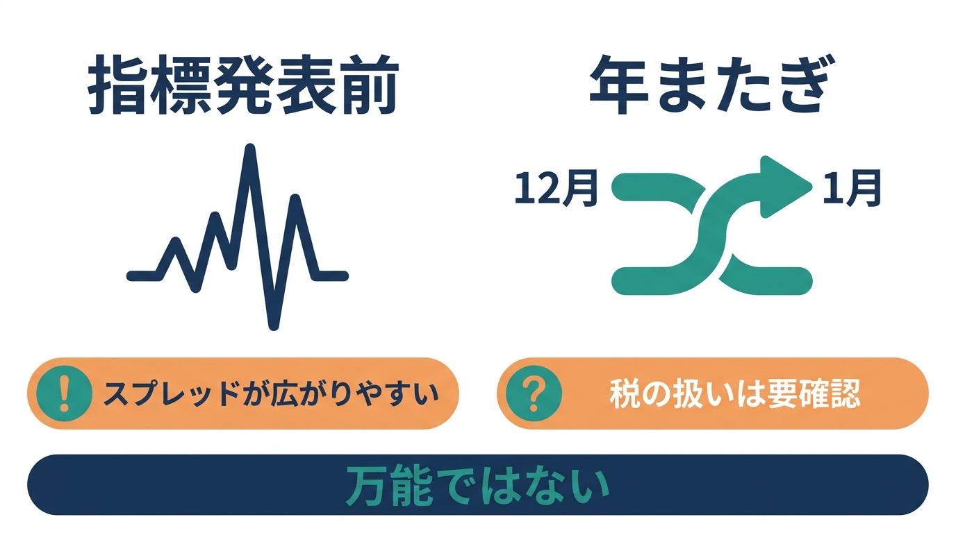 両建てが使われる指標発表前と年またぎの場面と、それぞれの注意点を示す図