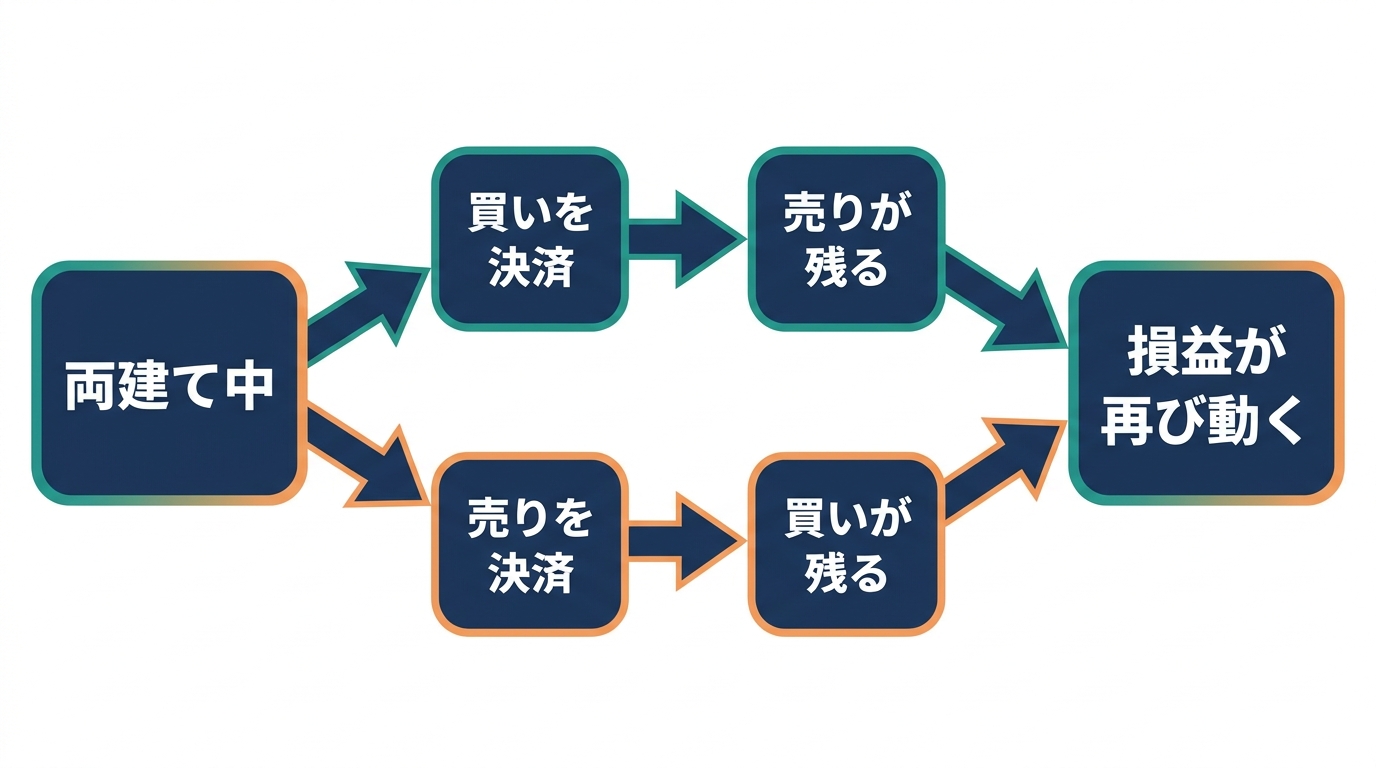 両建てのどちらか片方を決済すると残った建玉の損益が再び動くことを示すフロー図
