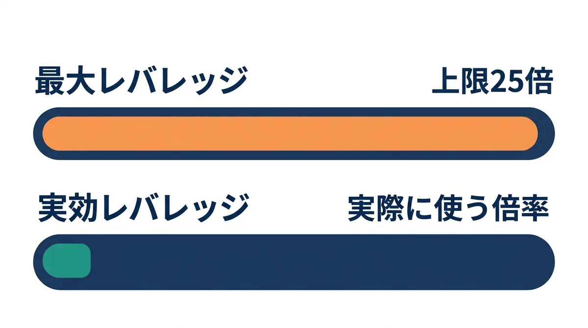 最大レバレッジ(上限25倍)と実効レバレッジ(実際に使う倍率)の違いを示すメーター図