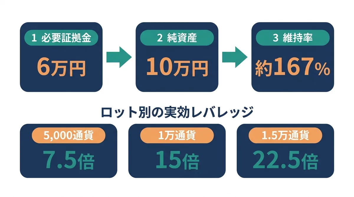 必要証拠金6万円、純資産10万円から維持率が約167％になる計算の流れと、ロット別の実効レバレッジを示す図解