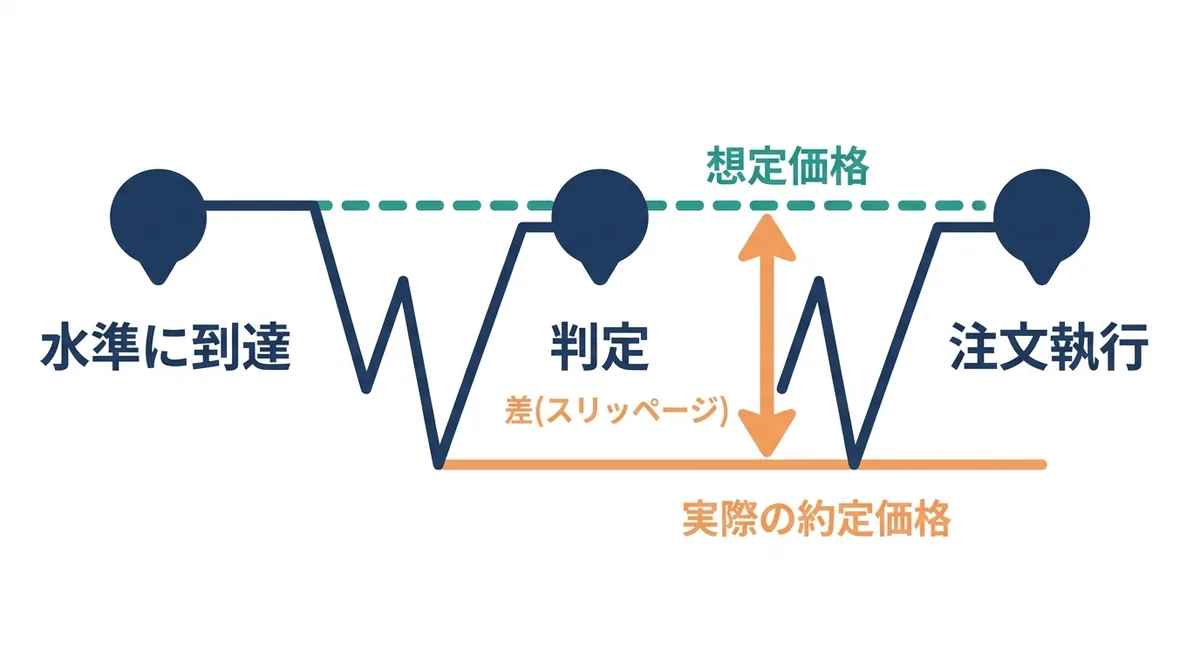 ロスカット水準に到達してから注文が執行されるまでにレートが動き、想定価格と実際の約定価格に差が出ることを示すタイムライン