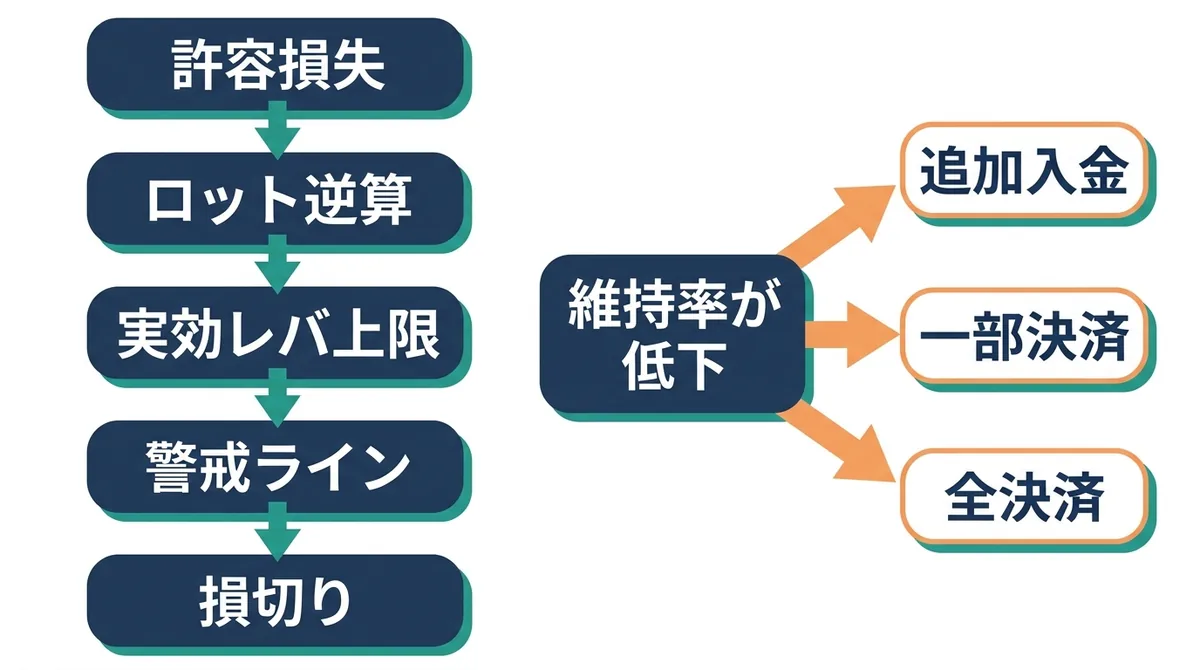 許容損失から損切りまでの5ステップと、維持率が下がったときの3つの対処を示す手順フロー図