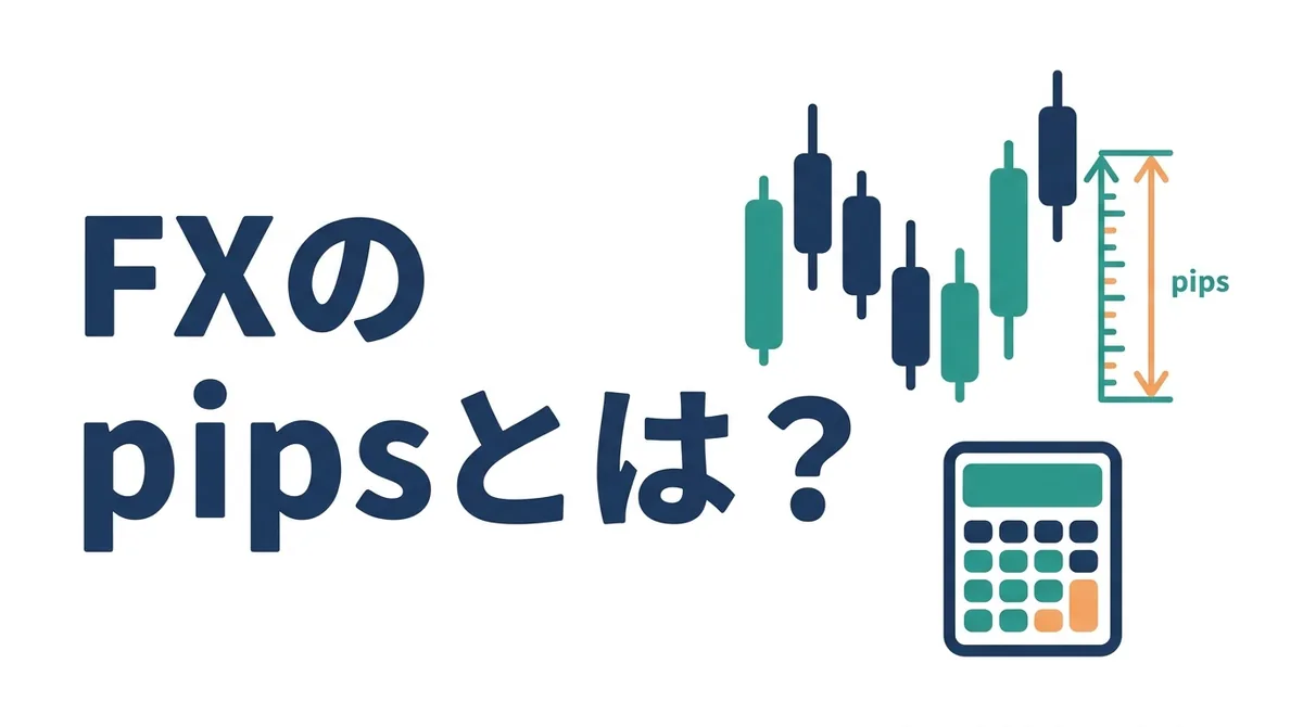 FXのpipsとは？というタイトルと、ローソク足チャート・値幅の定規・電卓のイラスト