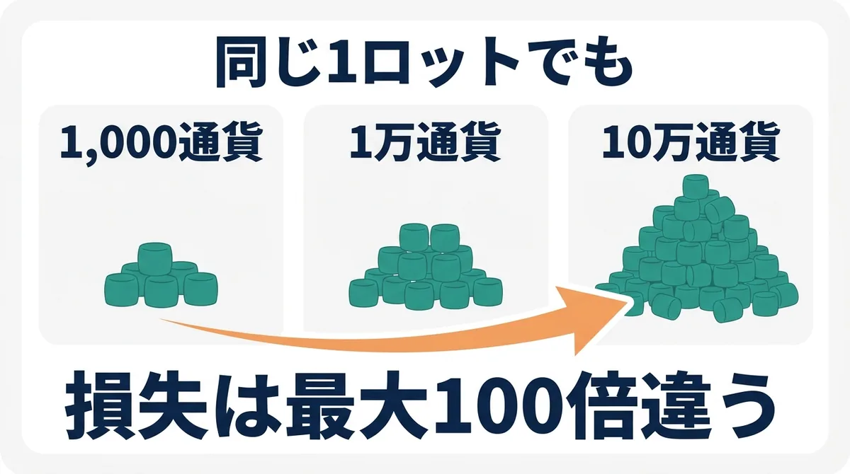 同じ1ロットでも事業者によって1,000通貨・1万通貨・10万通貨と通貨数が違い、損失が最大100倍違うことを示す比較図