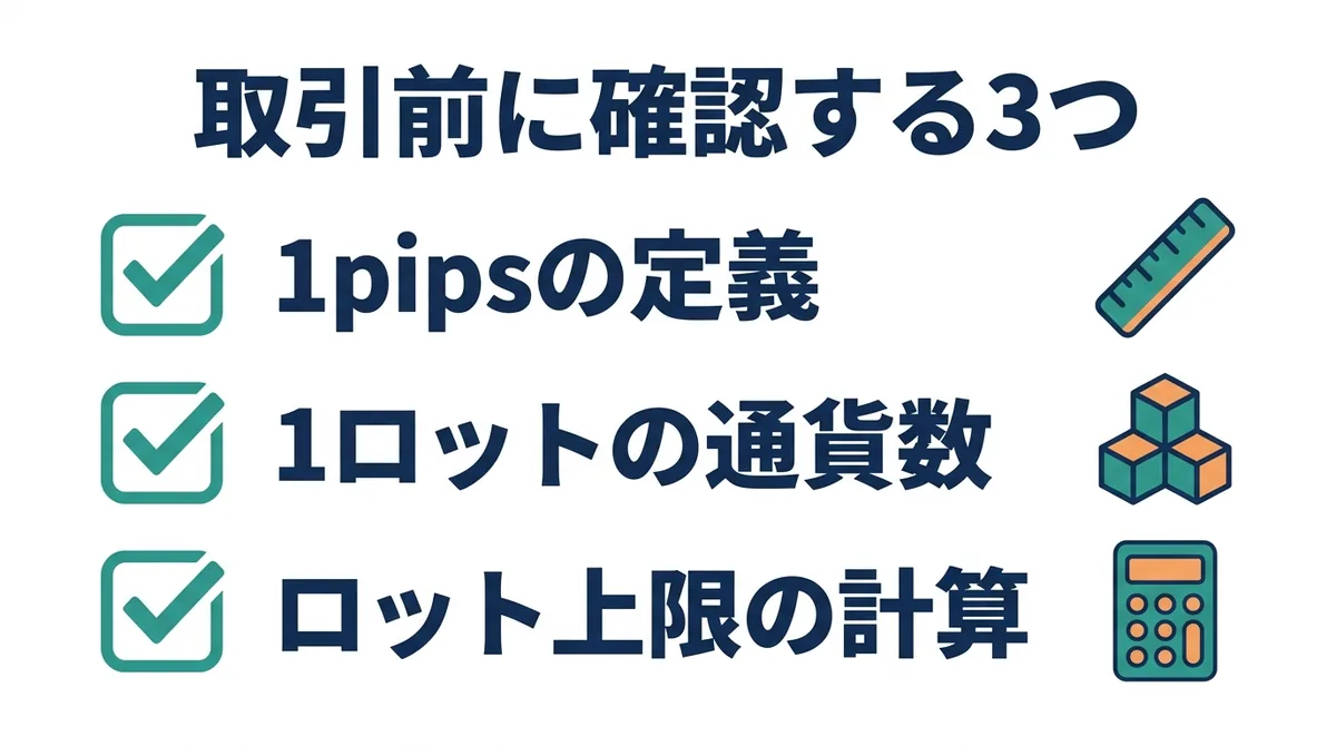 取引前に確認する3つのこと（1pipsの定義、1ロットの通貨数、ロット上限の計算）のチェックリスト