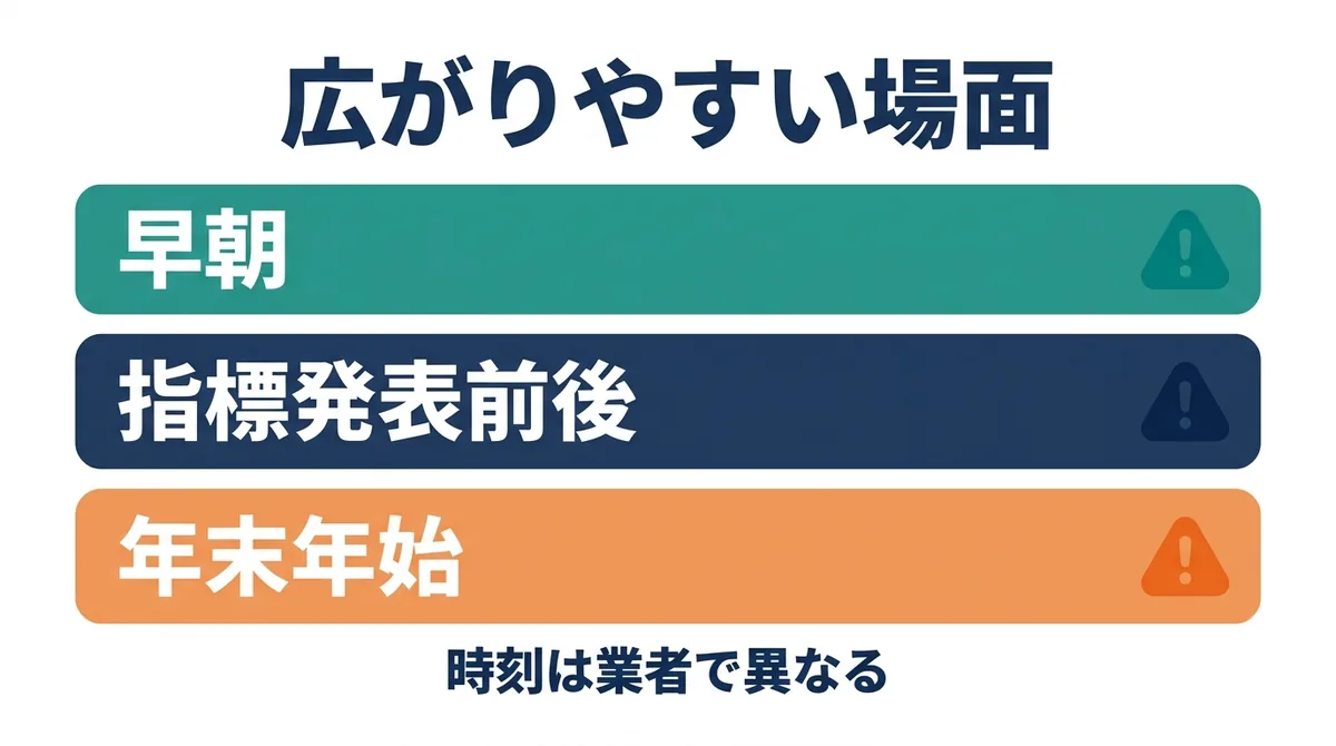 FXのスプレッドが広がりやすい場面として、早朝・指標発表前後・年末年始を並べた図