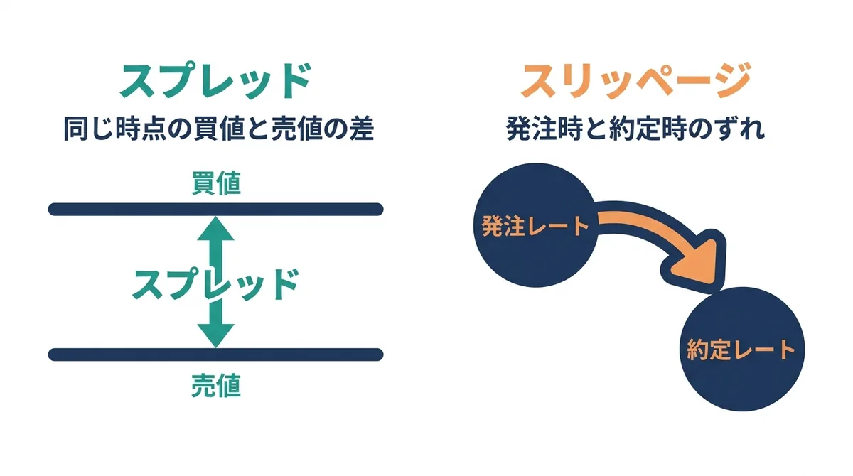FXのスプレッドとスリッページの違いを、買値と売値の差と、発注時と約定時のレートのずれで比べた図