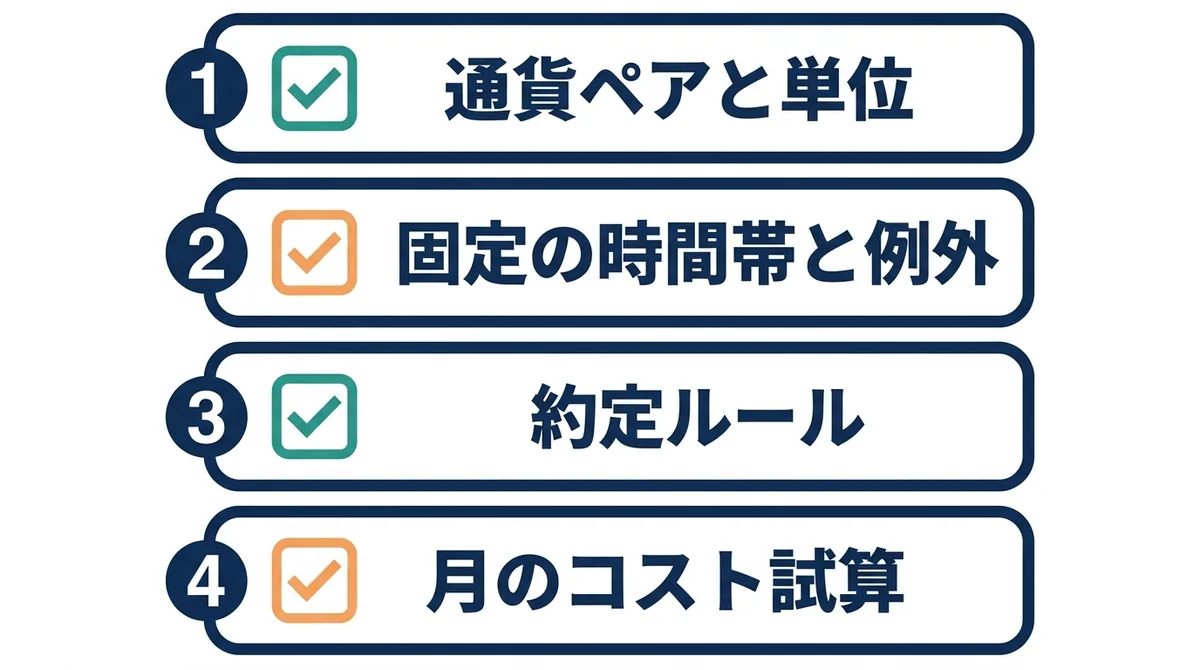 自分の取引のスプレッドコストを確かめる4つの手順を示したチェックリスト