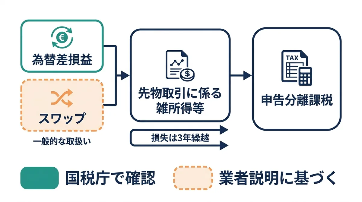 為替差損益とスワップを先物取引に係る雑所得等として合算し、申告分離課税と損失の3年繰越につながる税金の流れの図