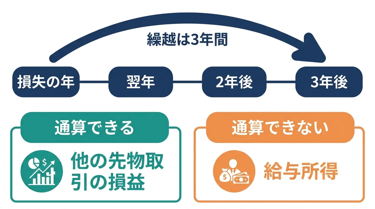 FXの損失を最大3年間繰り越せることと、他の先物取引の損益とは通算できるが給与所得とは通算できないことを示す図