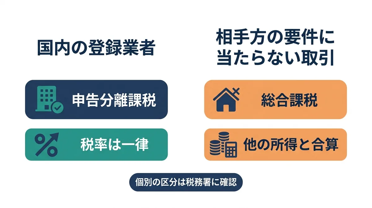 国内の登録業者との取引は申告分離課税、相手方の要件に当たらない取引は総合課税になることを比べた図
