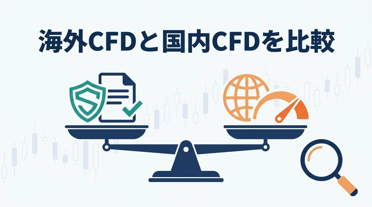 天秤の左に盾と書類、右に地球儀とメーターを載せて、海外CFDと国内CFDを比較するイラスト