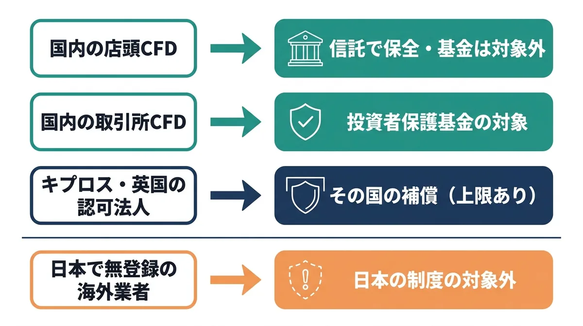 預けた資金の守られ方を比べた図。国内の店頭CFDは信託で保全され投資者保護基金は対象外、国内の取引所CFDは基金の対象、キプロス・英国の認可法人はその国の補償（上限あり）、日本で無登録の海外業者は日本の制度の対象外