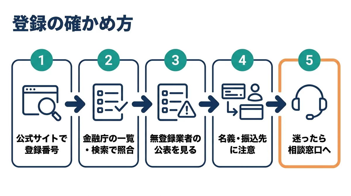 CFD業者の金融庁への登録状況を確かめる5つの手順（公式サイトで登録番号、金融庁の一覧・検索で照合、無登録業者の公表を見る、名義・振込先に注意、迷ったら相談窓口へ）